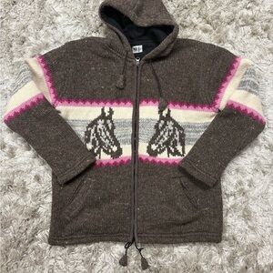 Rocky Mountain outfitters 100% wool Brown Hooded Knit Sweater with Horse Design